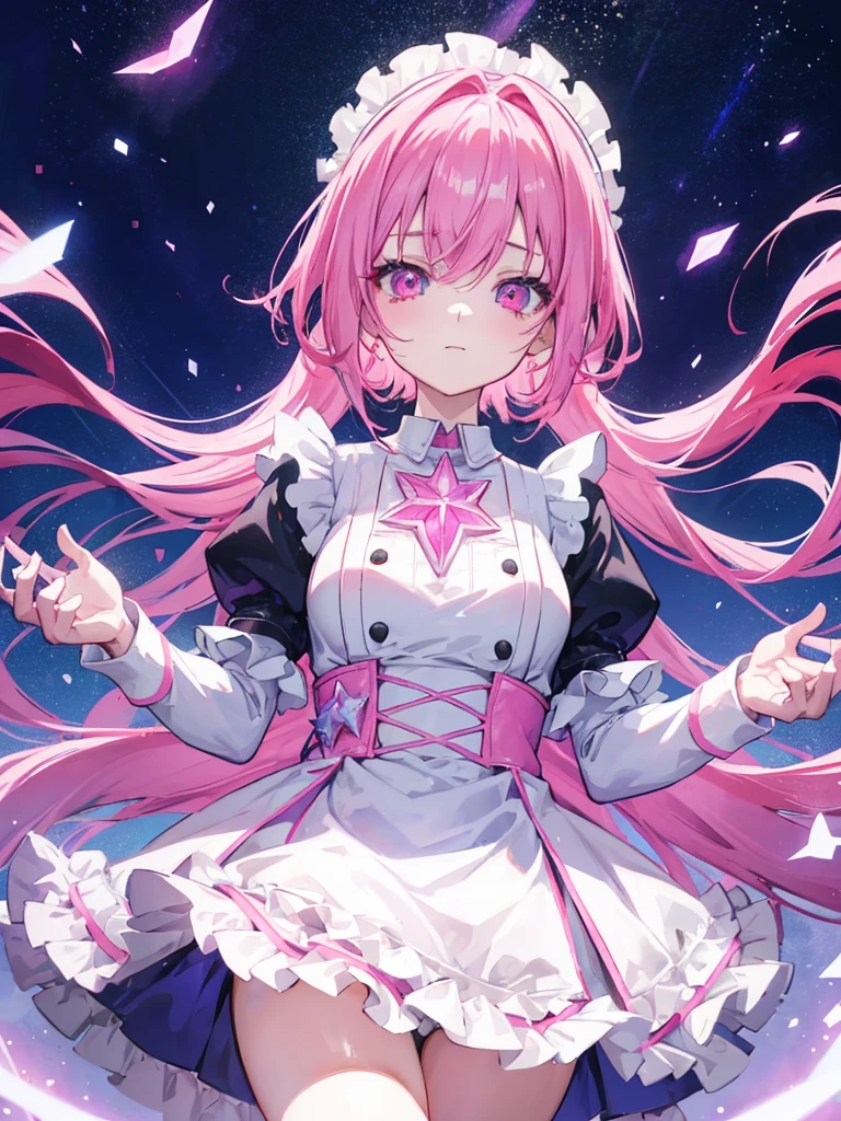 1  girl, pink hair with blue highlights, pink eyes, detailed face and hair, emotional happy expression, short maid outfit,  body, glowing crystal eyes, cinematic lighting, extremely detailed, best quality, 4k, 8k, ultra HD, masterpiece, very anime style, bokeh, starry shining lighting, original character