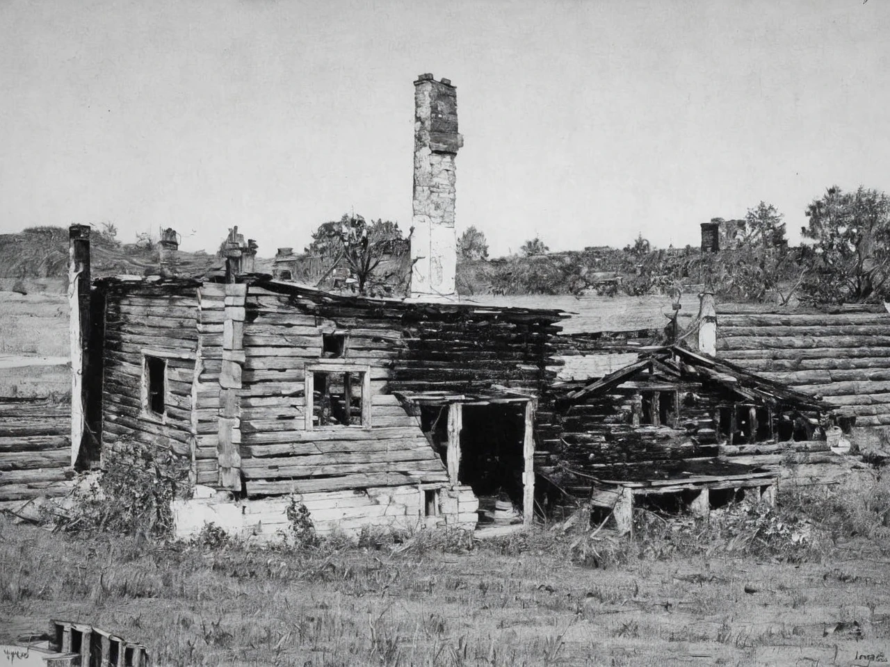 picture, composition, graphics, Drawing, contrast, old burnt house, landscape