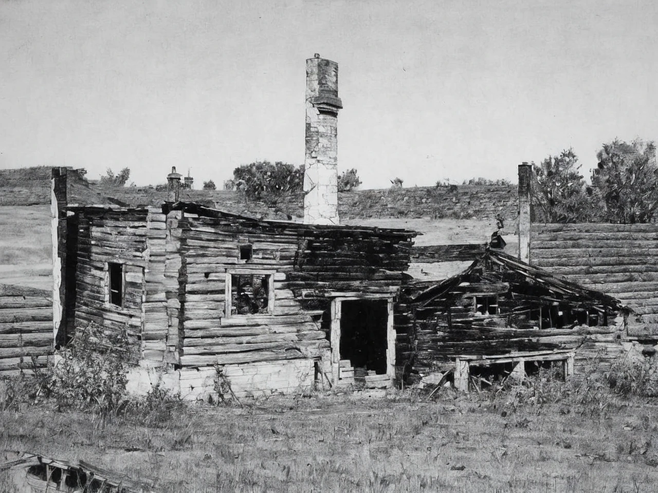 picture, composition, graphics, Drawing, contrast, old burnt house, landscape