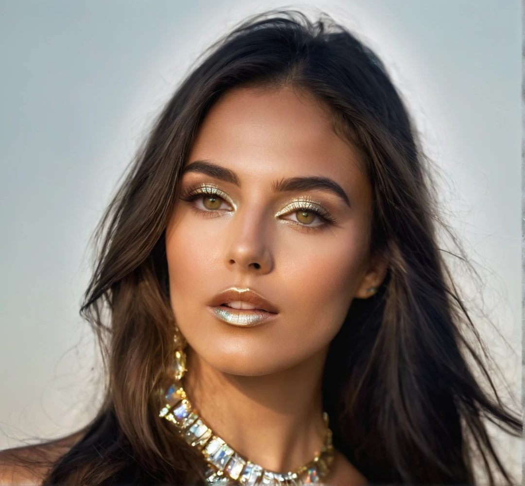Hyperdetailed photograph, facial close up, Goddess of Light, (radiating bright light), (haute couture dress made out of golden and silver iridescent reflective flowing prismatic photonic energy), she has a small divine halo made of pure light, her face is radiant like the sun, sci-fi, fantasy, supreme realism, detailed skin, macro details, cover photo, fascinating composition, sense of warmth, divine aura, sanctity, hard light, she looks like a Brazilian model, extremely beautiful eyes, DSLR, HDR10, digital photography, vibrant vivid prismatic iridescent colors, very sharp details, Canon EOS R5, ambient light, natural lighting, spot light, hero lights, award winning photography, masterpiece