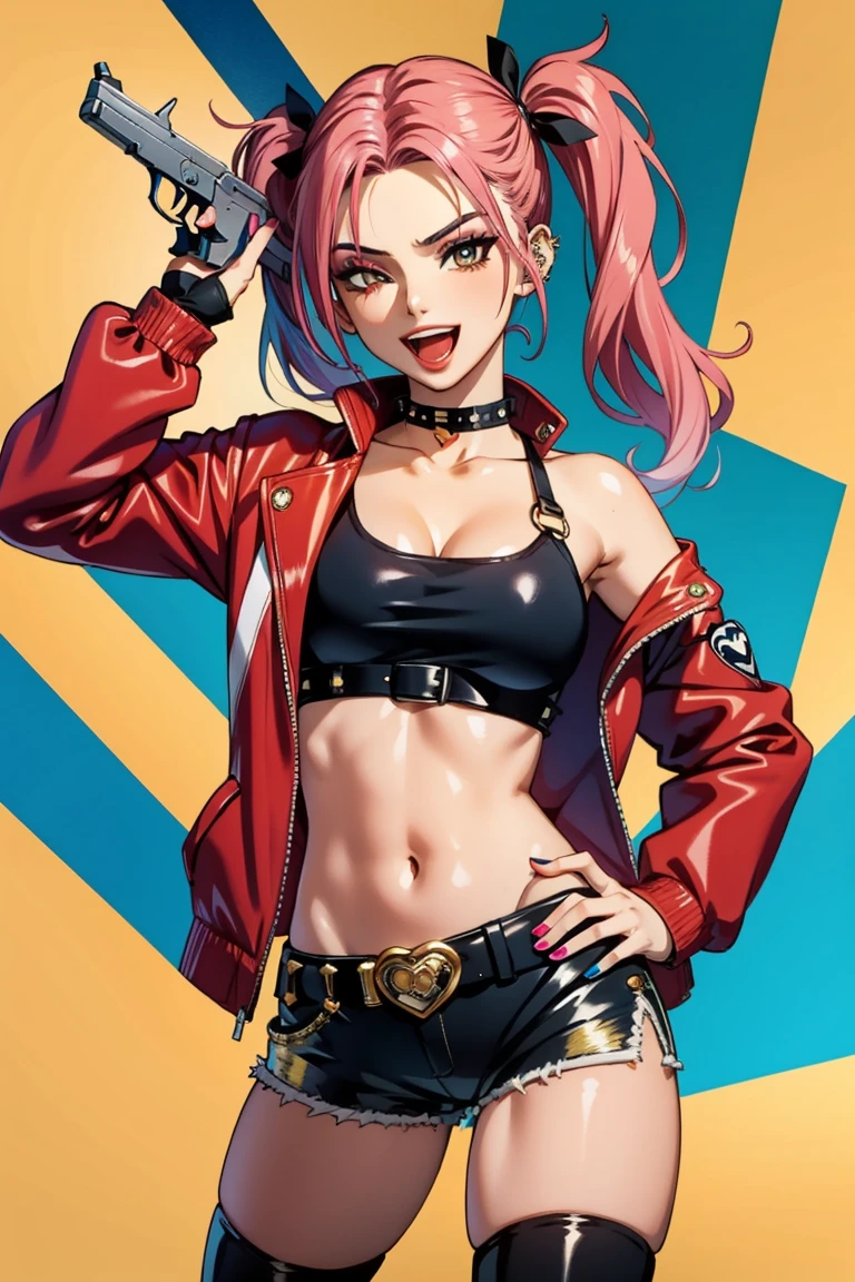 Harley Quinn, 1girl, solo, long hair, breasts, smile, open mouth, skirt, thighhighs, gloves, navel, holding, twintails, jewelry, blue hair, jacket, weapon, pink hair, heart, multicolored hair, one eye closed, shorts, midriff, belt, miniskirt, fingerless gloves, nail polish, crop top, gun, short shorts, makeup, piercing, lipstick, pale skin, red jacket, handgun, eyeshadow, revolver, heart tattoo, studded belt, shiny skin, specular highlights,