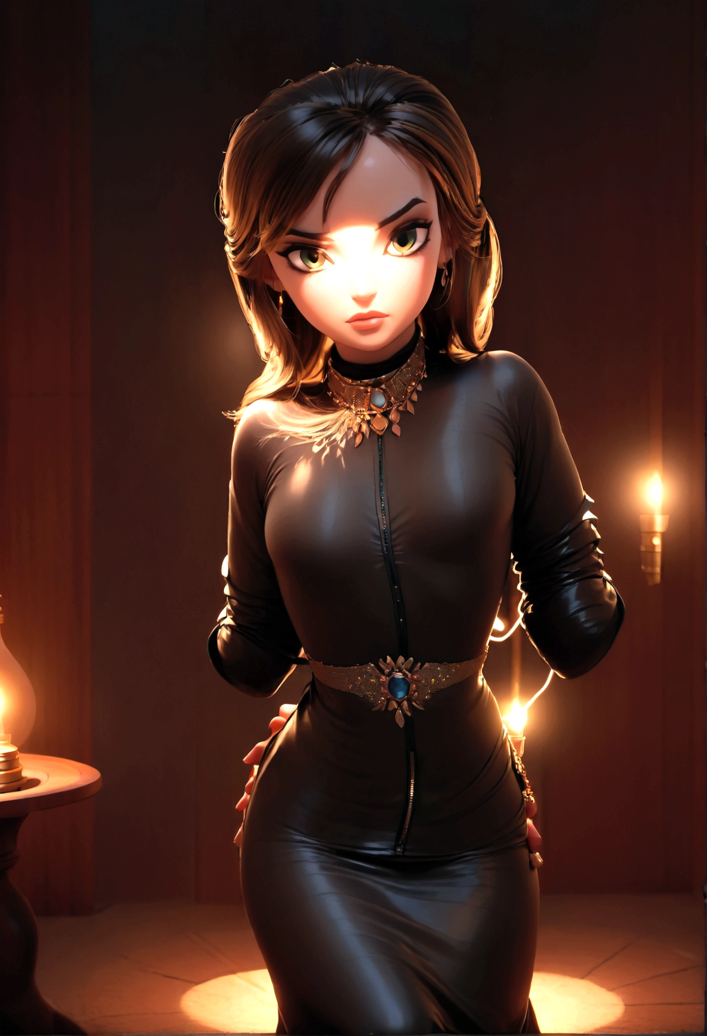 (1girl, disney princess jasmine, black trenchcoat, royal miniskirt, royal haltertop, gold bodychains, sneaking out, princess girls night out, princess ariel's downtown apartment, elegant, beautiful detailed eyes, beautiful detailed lips, extremely detailed eyes and face, long eyelashes, high quality, 8k, photorealistic, professional, vivid colors, studio lighting, physically-based rendering, sharp focus)

