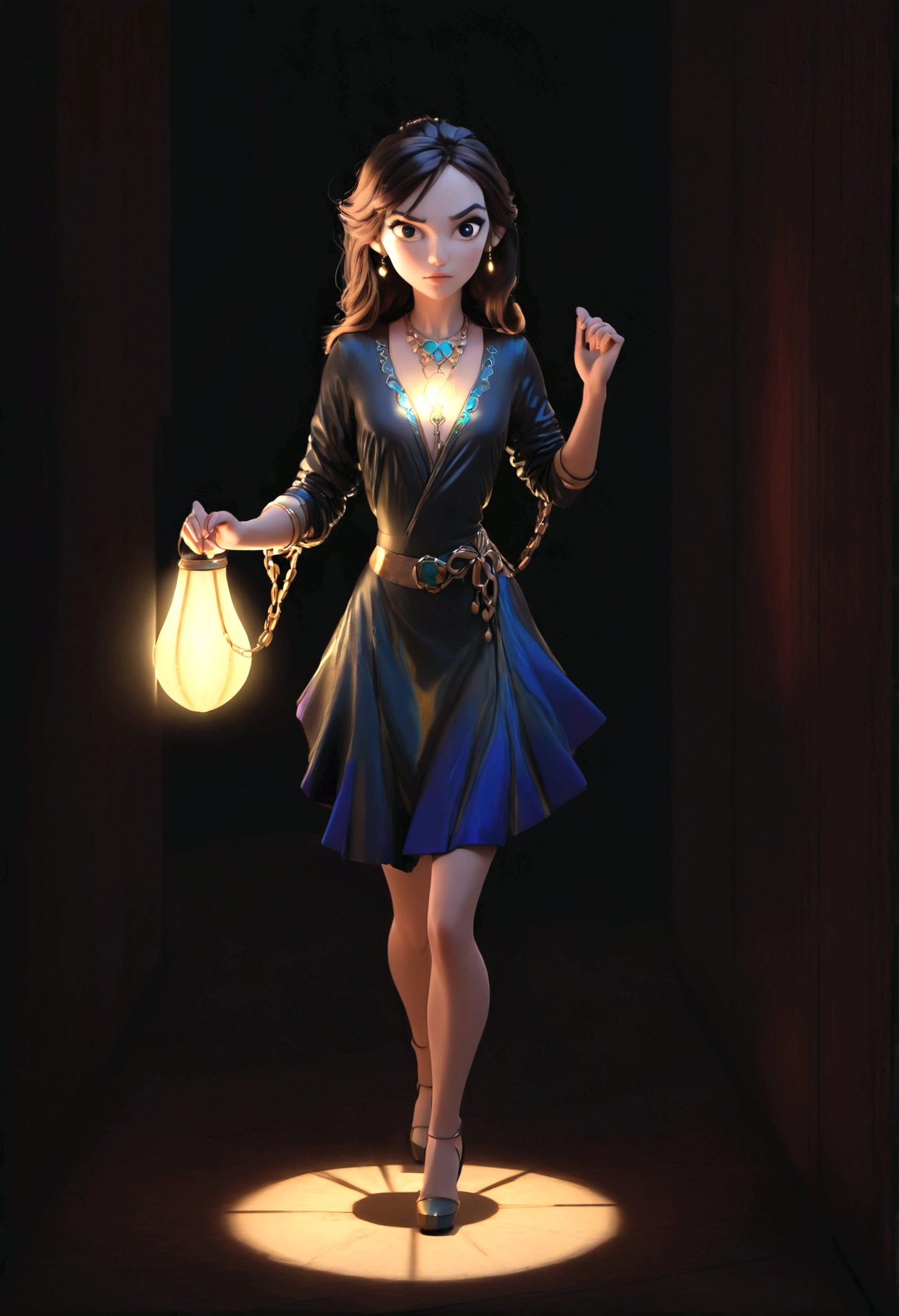 (1girl, disney princess jasmine, black trenchcoat, royal miniskirt, royal haltertop, gold bodychains, sneaking out, princess girls night out, princess ariel's downtown apartment, elegant, beautiful detailed eyes, beautiful detailed lips, extremely detailed eyes and face, long eyelashes, high quality, 8k, photorealistic, professional, vivid colors, studio lighting, physically-based rendering, sharp focus)