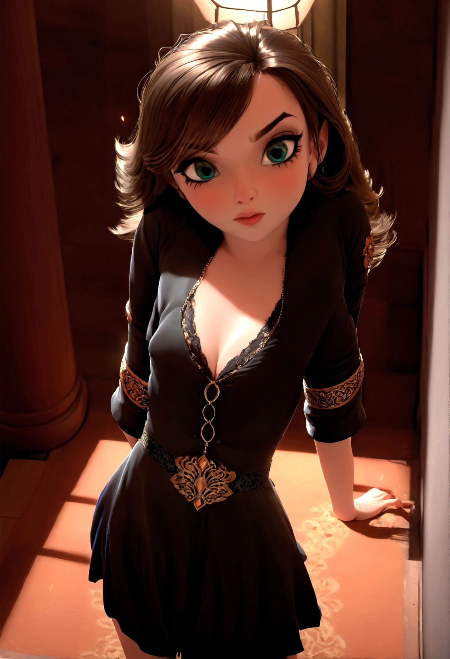 (1girl, disney princess jasmine, black trenchcoat, royal miniskirt, royal haltertop, gold bodychains, sneaking out, princess girls night out, princess ariel's downtown apartment, elegant, beautiful detailed eyes, beautiful detailed lips, extremely detailed eyes and face, long eyelashes, high quality, 8k, photorealistic, professional, vivid colors, studio lighting, physically-based rendering, sharp focus)