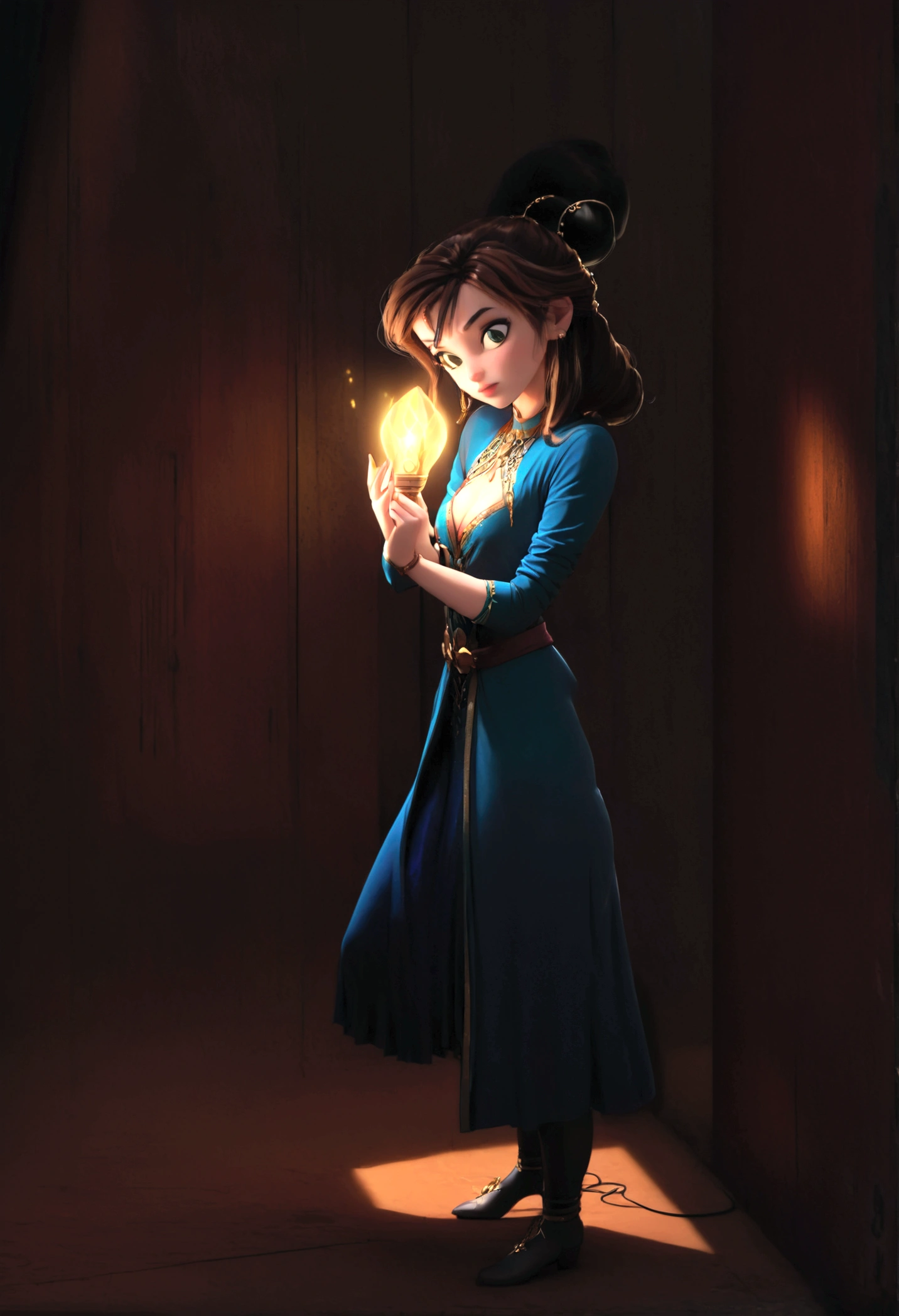 (1girl, disney princess jasmine, black trenchcoat, royal miniskirt, royal haltertop, gold bodychains, sneaking out, princess girls night out, princess ariel's downtown apartment, elegant, beautiful detailed eyes, beautiful detailed lips, extremely detailed eyes and face, long eyelashes, high quality, 8k, photorealistic, professional, vivid colors, studio lighting, physically-based rendering, sharp focus)