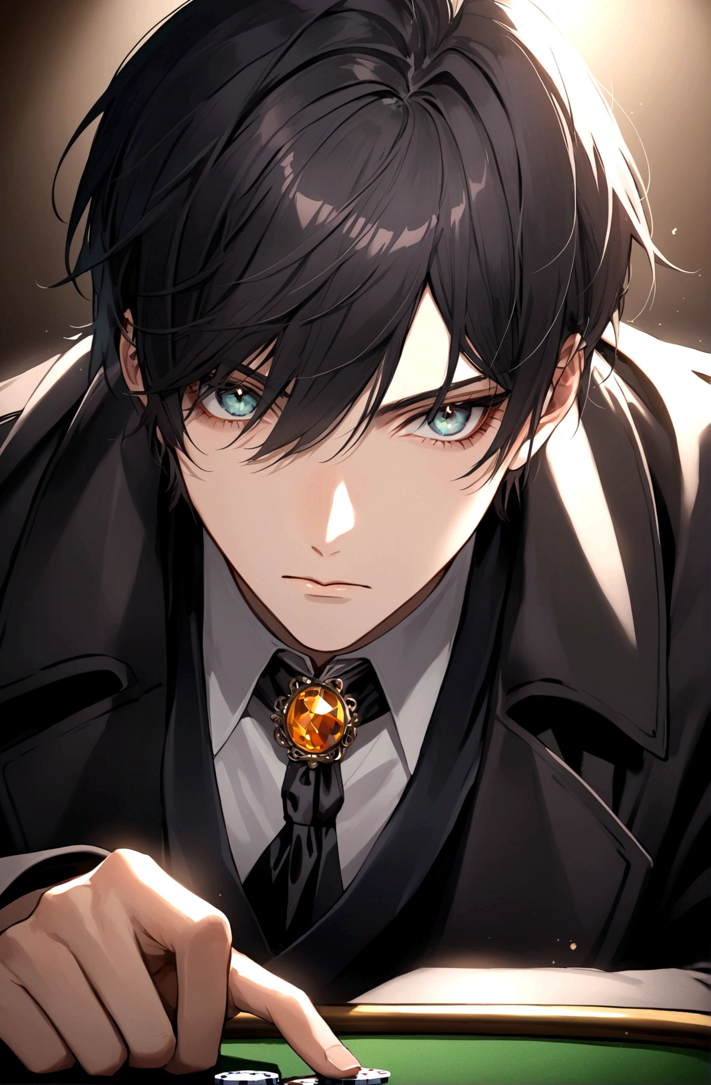 Poker face,Exquisite facial features,Young male，Black trench coat