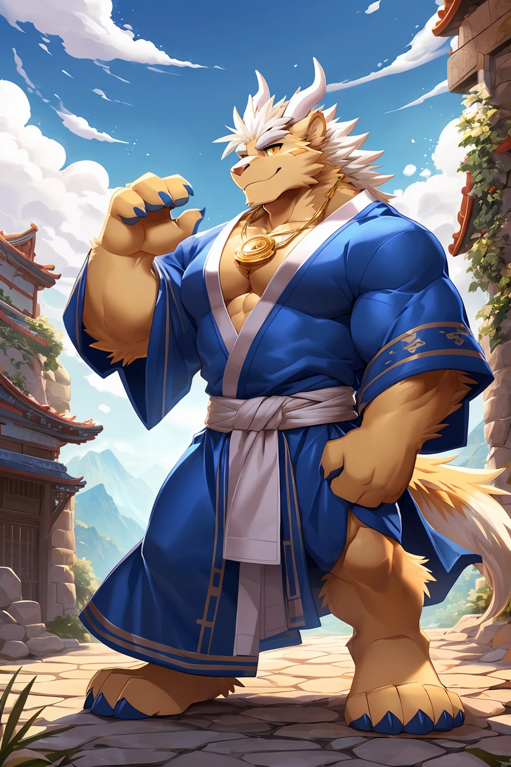 (sfw:1.5), male focus, Handsome 1boy, solitary, single,protrait photo, (Platinum thick eyebrows:1.3), (Dark blue nails, Dark blue claws:1.3), Light golden skin, Light blond hair, (Pale golden tail:1.4), (perfect golden eyes:1.4), (Pale golden ears, Light golden body:1.3), (White horn, White curved corner:1.4), (Long white hair:1.4),
Kirin, feet, kirin, kirin boy, kirin body, (large eyes:1.4), (Kirin尾巴:1.4), (Chubby, The body is huge, Larger face:1.4), (Human feet:1.3), (Four toes:1.4), (Bare neck:1.4),
(Hanfu:1.5), (宽松的Short-sleeved robe:1.4), (Dark blue robe, Dark blue robe, Short-sleeved robe, Short-sleeved robe:1.3), (Gold strap:1.3), (A golden jade pendant hangs around the waist:1.3), (Golden robe texture:1.3), (sparkling, Golden:1.2),
(full body:1.3), (Mature men:1.4), (Strong body, muscle,Strong male, muscle男:1.3), (Chest muscles:1.3), (Thick arms, Strong and strong legs, Strong legs:1.3), (look up, Standing:1.3), (Looking at the audience, Focus, Eyes gaze:1.2), (Smile:1.3),
full background, (ground, Blue sky, White Cloud, daytime:1.2), Mountain, Ancient buildings, outdoor,
Mysterious and romantic atmosphere, Caustic lines(refraction, polarization)Perfect anatomical structure, absurd, Detailed background, (Delicate eyes:1.3),Printing style。((artist:Takemoto Arashi))