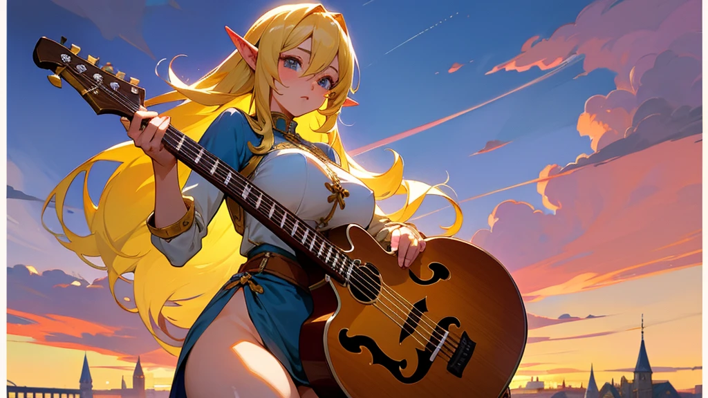 Anime Style,Nostalgic,Detailed background,The medieval world,A lively bar with lots of people,Beautiful sky,Beautiful Elf Bard,guitar,Large Breasts,Healthy thighs,Protruding buttocks