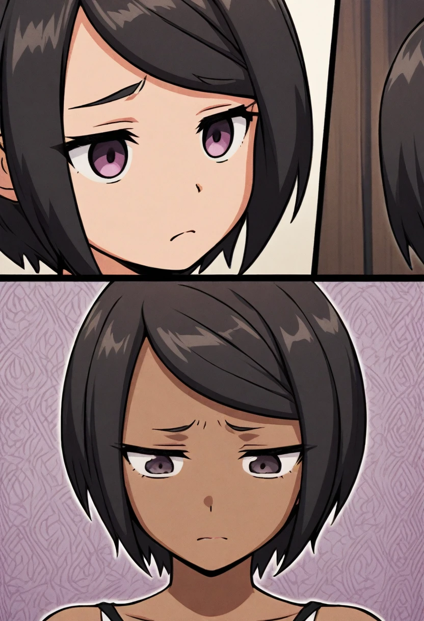 Dark-skinned girl,Shy, shy,Medusa style,short hair,黑色short hair,Natural expression,one person,Comic style wallpaper