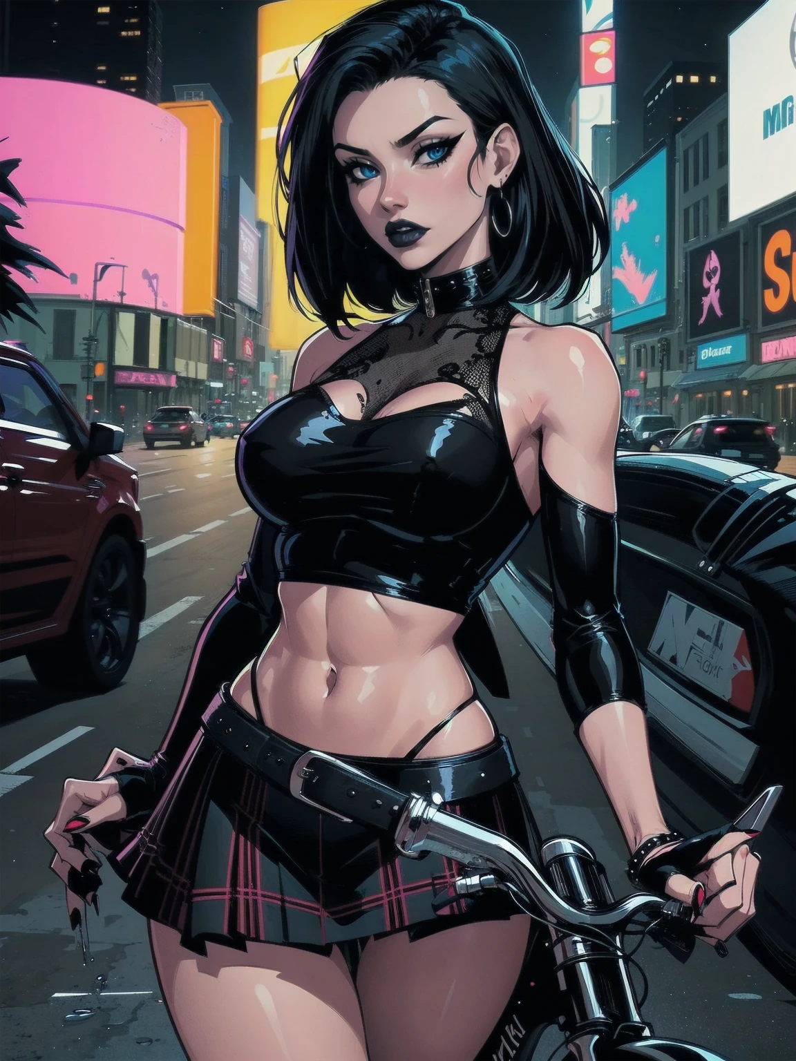 a woman with medium black hair, hair on shoulders, wearing plaid skirt, black jacket, blue eyes, gothic art, cute aesthetic with vibe, toon aesthetic, wearing gothic accessories, look like Cassie Hack, upper body, driving on the motocicle, street background, dinamic poses