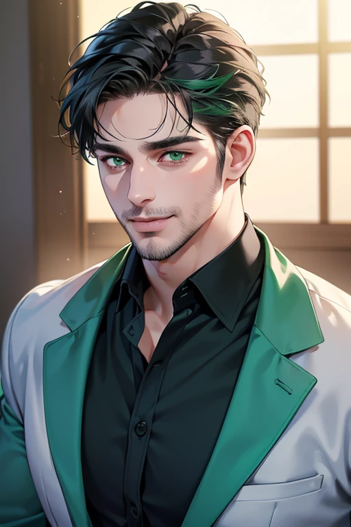 a handsome 35 year old man, 3 day beard, dark hair, sharp jawline, (mesmerizing green eyes), perfectly styled hair, wearing cool anime outfitt, dynamic lighting, (CEO), (expression, smile in love), (best quality,4k,8k,highres,masterpiece:1.2),ultra-detailed,(realistic,photorealistic,photo-realistic:1.37)