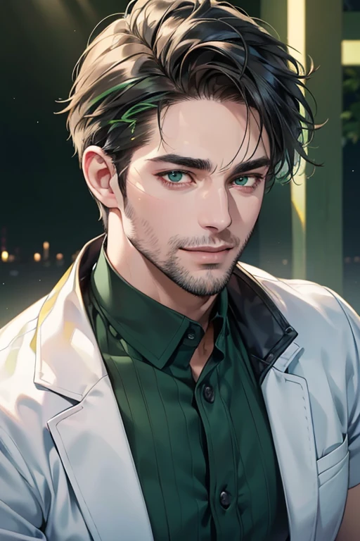 a handsome 35 year old man, 3 day beard, dark hair, sharp jawline, (mesmerizing green eyes), perfectly styled hair, wearing cool anime outfitt, dynamic lighting, (CEO), (expression, smile in love), (best quality,4k,8k,highres,masterpiece:1.2),ultra-detailed,(realistic,photorealistic,photo-realistic:1.37)