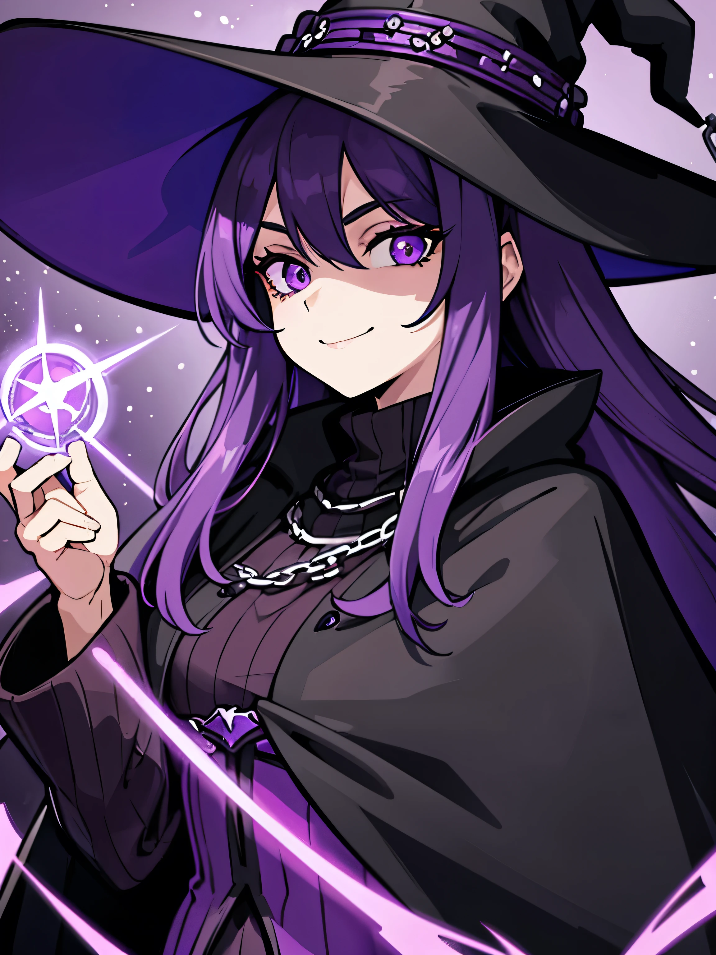 upper body, 1woman, Purple hair, Long Haired, Violet eyes, (Necromancer), Black Long Cape, Black Tunic, Witch hat, big breats, wallpaper, Chain background, light particles, (masterpiece), best quality, closed-mouth, smile