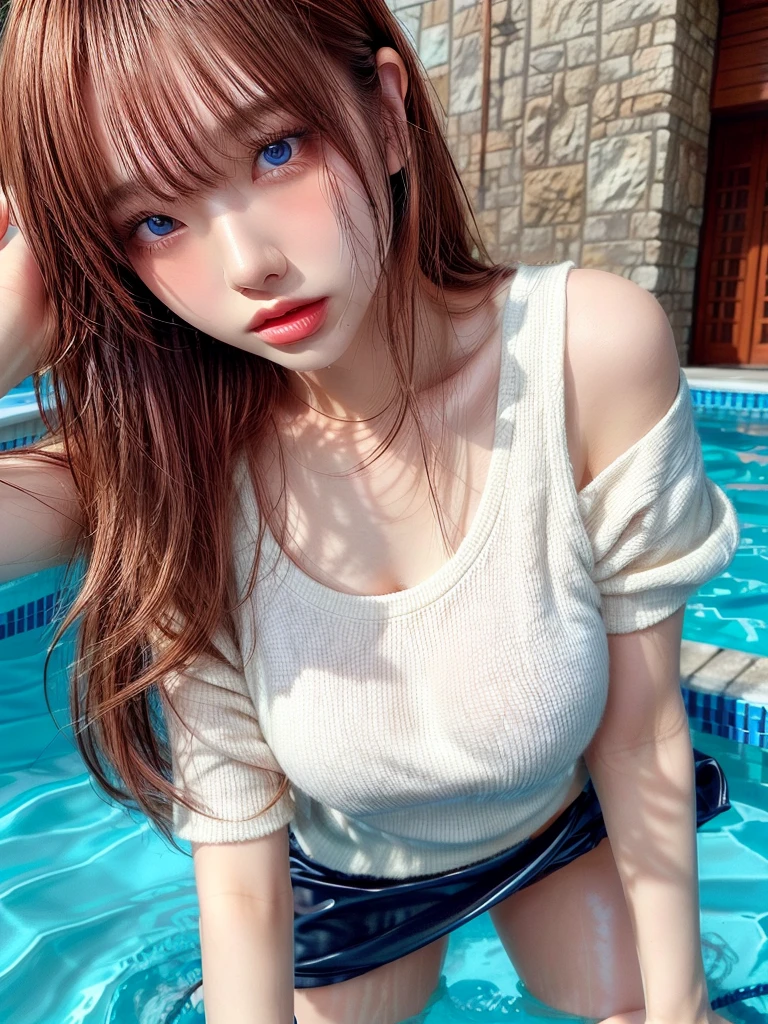 Create a photo-realistic young woman with blonde hair (Shoulder length), blue eyes and big breasts. She is wearing a white T-shirt, Round neck, Long Fit、Short sleeve, No bra, She also、She is wearing a unicolor black cotton miniskirt. She climbs out of the pool, soaked. The T-shirt fits snugly to the body.、A little transparent. whole body, Wide-angle shot.  