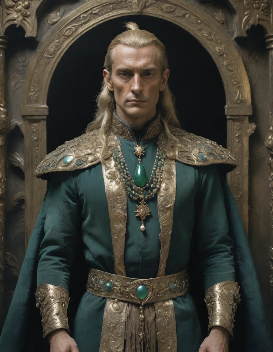 (((Masterpiece, daguerreotype on old paper, monochrome))), by Moebius, by Théodore Géricault, the composition is: ((Male high elf, blonde, long hair, tan skin, chiseled, cruel, sadistic, arrogant, villain. Wearing holographic, feathered, prismatic, art déco robes with sequin elements, pendants of jade beads and pearls, peafowl symbology, star symbology. Jungle, art nouveau background))