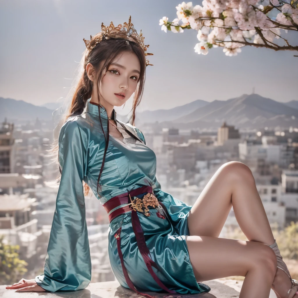 Blue sky and white clouds，Mountains in the distance、tower and many people，Pink flowers，Cherry tree，Hanfu woman,Phoenix crown tiara、Fine embroidery、穿Hanfu裤袜、Hanfu、穿长袖Hanfu、The legs are transparent and clearly visible、Look and、Exposed oversized breasts、Raw,(8K、Top quality、masterpiece:1.8)、(Intricate details:1.8)、(Reality:1.8)、Octane Rendering、Complex 3D rendering with ultra-details, Studio soft light, Side light, Vivid details, Super Detail, Realistic skin texture, Details, beautiful eyes, Highly detailed CG Unity 16k wallpaper, cosmetic, (Detailed background:2.0), Clear your fingers，Beautiful fingers，Radiant skin、Spread your legs，Camel toe showing thigh!!!、