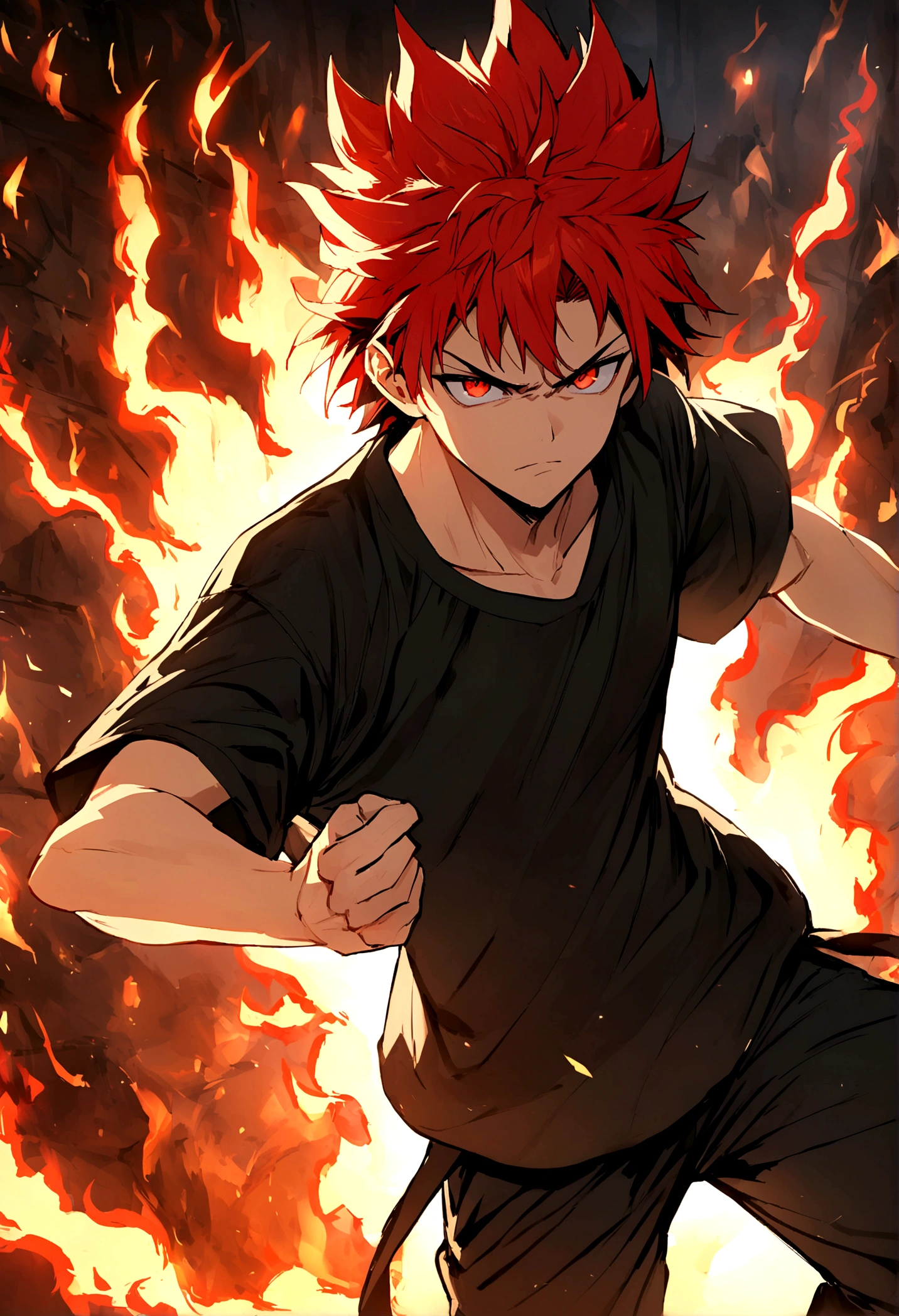 age boy, hair spiked up, medium length hair, multicolored fiery red hair, serious face, Eyes red, loose black shirt, black pants, red sneakers, fire aura around the character, scene in an open-air fighting arena, lot of details
