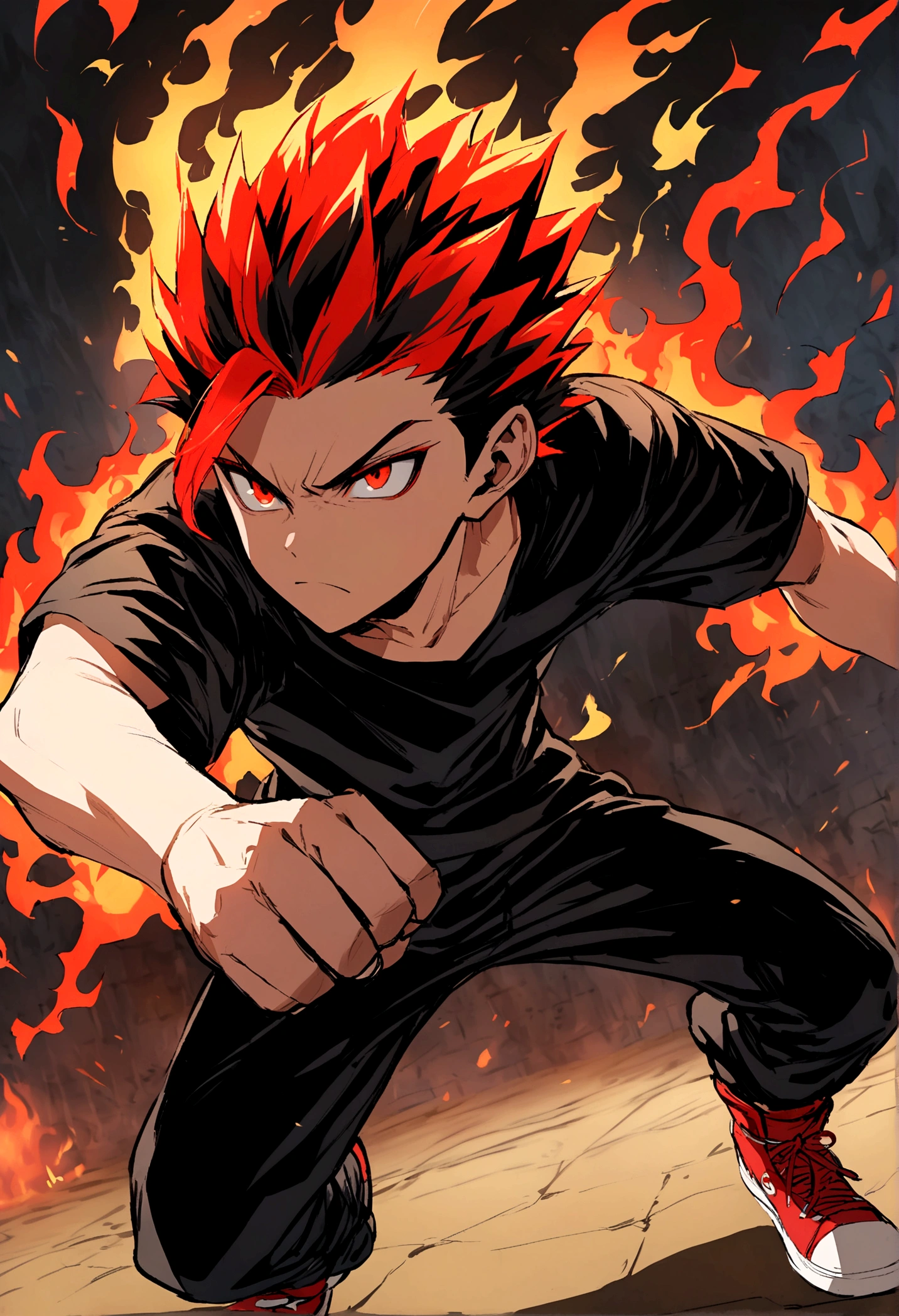 Teenage boy, hair spiked up, medium length hair, multicolored fiery red hair, serious face, Eyes red, loose black shirt, black pants, red sneakers, fire aura around the character, scene in an open-air fighting arena, lot of details