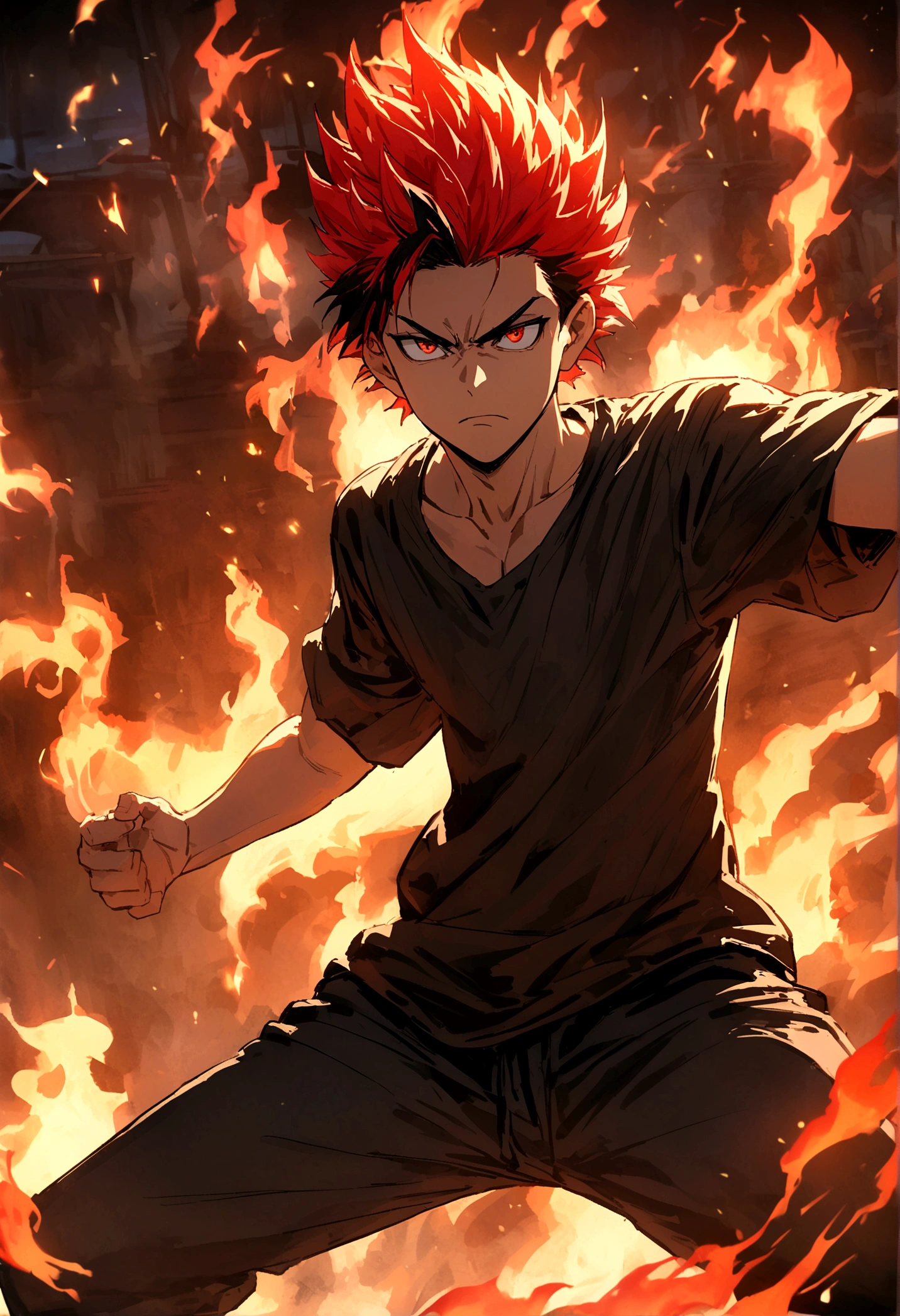 Teenage boy, hair spiked up, medium length hair, multicolored fiery red hair, serious face, Eyes red, loose black shirt, black pants, red sneakers, fire aura around the character, scene in an open-air fighting arena, lot of details