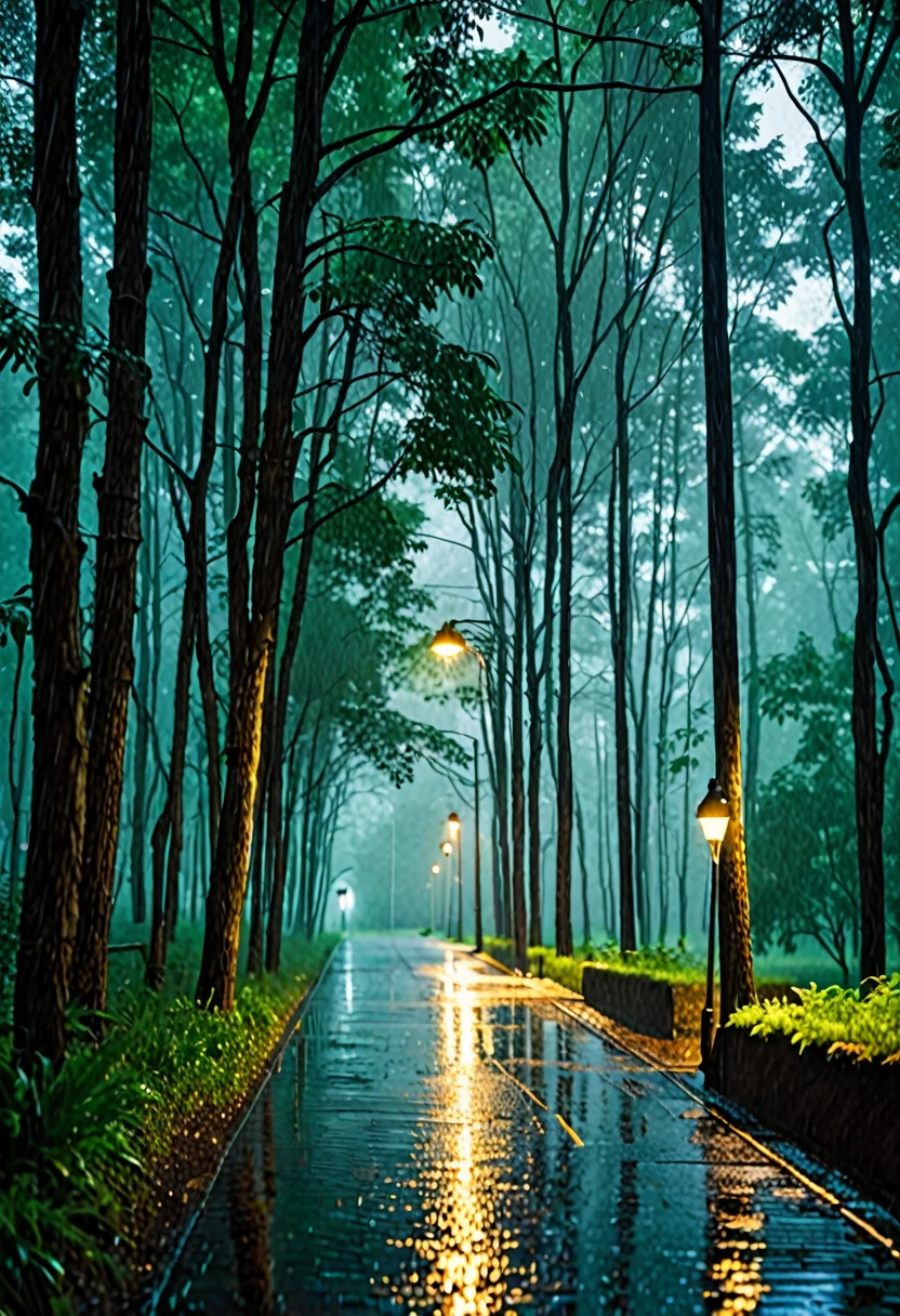Light street lamp in a forest in a heavy rain but without lightning