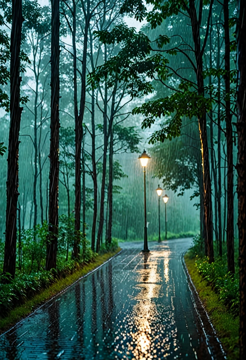 Light street lamp in a forest in a heavy rain but without lightning 