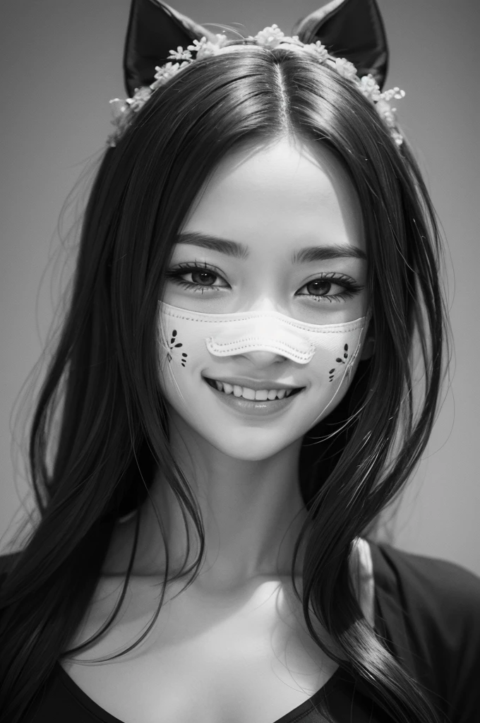 A black and white drawing of a happy mask and a person crying behind the mask 
