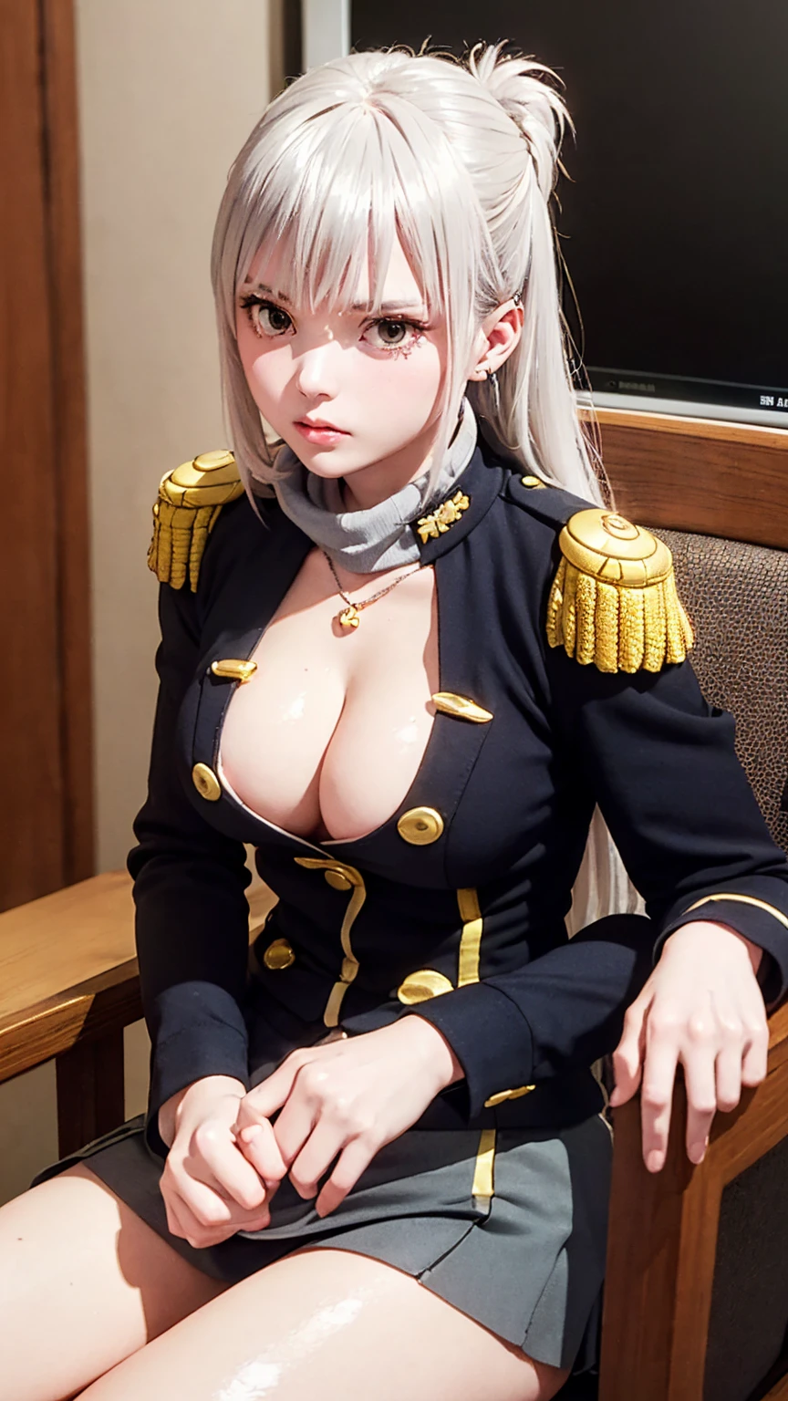 (masterpiece: 1.3), (Maximum resolution: 1.2), (Ultra HD TV: 1.2), Cinematic Light, 8K resolution, Detailed facial features , (Sharp focus: 1.2), (Shoot the whole body with a focus on the face),Perfect Style, Beautiful Face, Acura, Anatomically correct, Highly detailed face and skin quality感, Beautiful Eyes,ThroughkBright Eyes, Natural Cheeks, Glowing Skin, (Glossy Lips: 1.4),、 (A shameful expression: 1.2),Highly detailed face and skin quality, Natural Cheeks, , Glossy Lips,Exposed 、(White mucus on chest:1.6)(White mucus on thighs:1.6)、 blush、Humiliating、shame、Please open your knees、dissatisfaction、anger、tears、sorrow、Glaring at the camera、Spread your legs、Sparkly little earrings and necklace、Disheveled clothes、Exposed panties、gs、Drenched in sweat、Thin underwear、Wet underwear、stockings 、Long Hair、32 years old, Clean woman,1 person、 first class cabin、Sit on a chair、blonde、Silver Hair、Blue-gray eyes、Green-gray eyes,(Miniskirt military uniform:1.4)、scarf、dissatction、Masturbate、Nipple eft Breasts、ded by the enemy