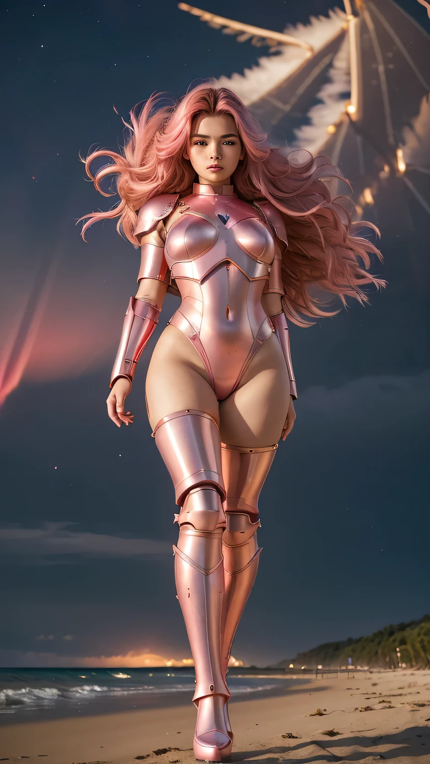 ((best quality)), ((masterpiece)), (ultra detailed lights), ((full body shot)), indonesian girl, extremely beautiful, ultra face details, 20 years old, ((pink curvy-hair)), ((hair blown by strong winds :1.5)), Award-winning photograph, photography of a girl, slim face, extremely beautiful, ultra details armor, ultra details skin, sharp armor texture, crisp picture, ((full make ups)), ((pink blushing)), ((red lips)), ((wearing tight steel-armor)), ((full body armor)), ((tight latex panty)), ((thighs armor)), ((slim body shape)), ((24k-gold armor)), no head cover, ((symmetrical body pose)), model posing in the middle, night at beach, full of stars, red clouds, nebula, ((aurora Borealis)), shooting stars, from below
