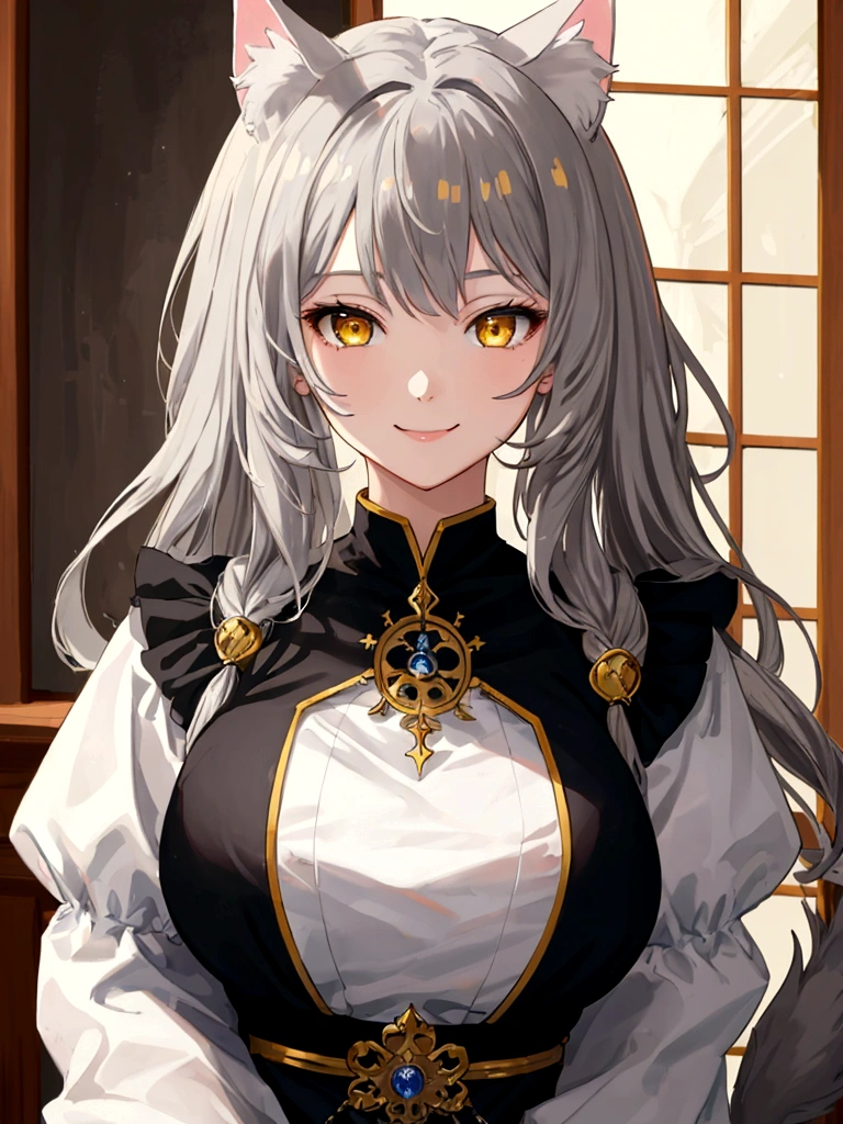 ((masterpiece)), ((best quality)), (close-up:1), (half-body shot:1.36), perfect anatomy, 1girl, solo, cat girl, gay hair, yellow eyes, gray cat ears, gray fluffy cat tail, basic medieval attire, smiling, lighting from front, looking at viewers