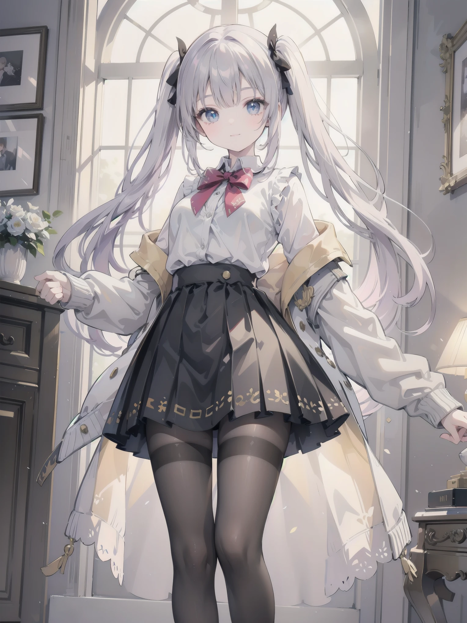 A lavish, photorealistic illustration of Soro, a charming 19th-century maiden, exudes elegance in a masterfully crafted scene. Framed by a ornate, gilded archway, she stands poised, her twintails adorned with sparkling bows, her cardigan vest and short-sleeved shirt perfectly complementing her plaid skirt. Over black legwear, her loafers add a touch of whimsy. A radiant smile spreads across her face, her eyes sparkling like diamonds in the soft, golden light. Every detail, from the intricate lace trim to the delicate folds of her garments, is meticulously rendered by a master illustrator's hand