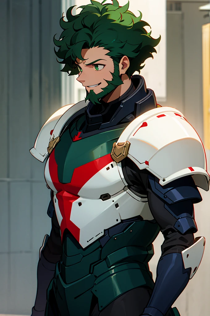 dark green hair, green eyes, smiling, curly hair, mature male, lean build, white shirt, short length hair, on the street, red and black hero suit, armor paddings on body, armor on chest, bearded, mature