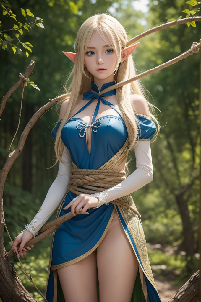 elven blue-eyed blonde anime girl with 1,75 tall 18 years old clothes made of branches and trees with medium breasts Using Bow and arrow curved with red wood with a bright green rope with leaves and vines decoration at the base of the bow