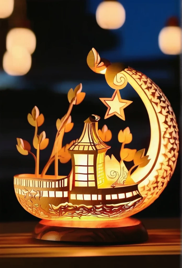 Gourd lamp. A lamp in the shape of a gourd. Delicate design. Beautiful luster. Shapes of the moon, sun, stars and are carved out. When lit, beautiful patterns emerge. Relaxing.
steam locomotive、Paper Art、Three-dimensional, colorful、Delicate and beautiful curves,Fantastic steam locomotive、
Night sky, stars, moon, flowers,Fantasy World