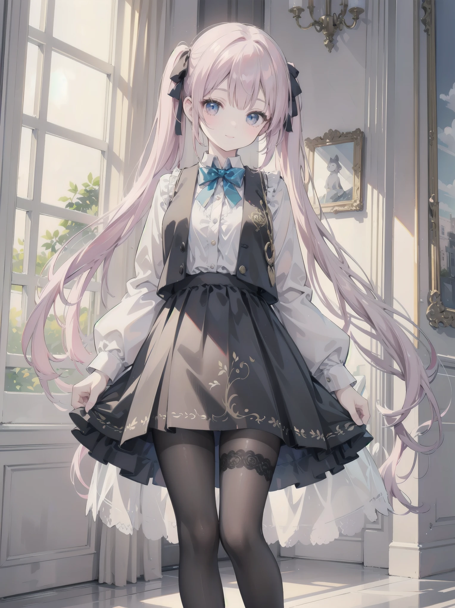 A lavish, photorealistic illustration of Soro, a charming 19th-century maiden, exudes elegance in a masterfully crafted scene. Framed by a ornate, gilded archway, she stands poised, her twintails adorned with sparkling bows, her cardigan vest and short-sleeved shirt perfectly complementing her plaid skirt. Over black legwear, her loafers add a touch of whimsy. A radiant smile spreads across her face, her eyes sparkling like diamonds in the soft, golden light. Every detail, from the intricate lace trim to the delicate folds of her garments, is meticulously rendered by a master illustrator's hand