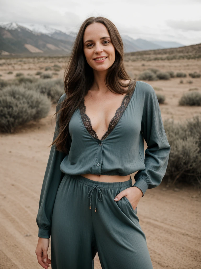 1girl, solo, photorealistic, realistic, long hair, ((ugly:1.5)), middle age, 35-year-old woman, wrinkles on her face and body, Caucasian woman, straight nose, dark brown hair, diamond face shape face, white skin, thin lips, monolid eyes, (medium shot, half body), shallow depth of field, vignette, highly detailed, high budget Hollywood movie, bokeh, cinemascope, moody, epic, gorgeous, film grain, grainy, realistic, depth of field, RAW photo, she is dressed in the color light blue (style of Abstract Expressionism Zimmermann lace jumpsuit. with Harem pants: Baggy, low-crotch pants with a relaxed and comfortable fit.) with Windswept Plateau in the background, (((dynamic pose))), she is looking at the camera smiling