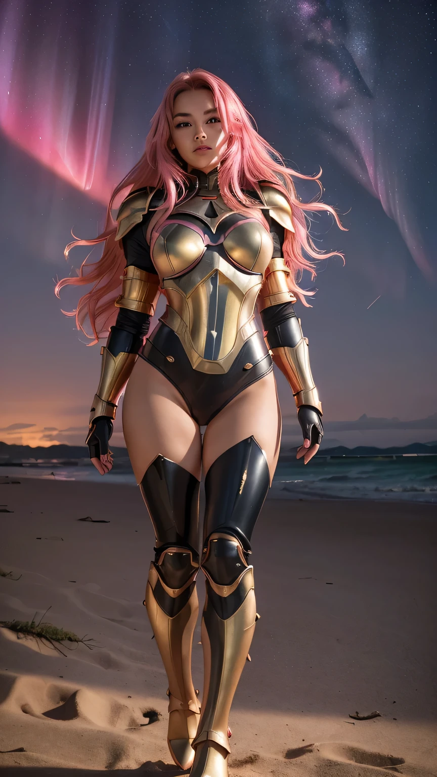 ((best quality)), ((masterpiece)), (ultra detailed lights), ((full body shot)), indonesian girl, extremely beautiful, ultra face details, 20 years old, ((pink curvy-hair)), ((hair blown by strong winds :1.3)), Award-winning photograph, photography of a teen girl, slim face, extremely beautiful, ultra details armor, ultra details skin, sharp armor texture, crisp picture, ((full make ups)), ((pink blushing)), ((red lips)), ((wearing tight steel-armor)), ((full body armor)), ((tight latex panty)), ((thighs armor)), ((slim body shape)), ((24k-gold and black armor)), no head cover, ((symmetrical body pose)), model posing in the middle, night at beach, full of stars, red clouds, nebula, ((aurora Borealis)), shooting stars, from below