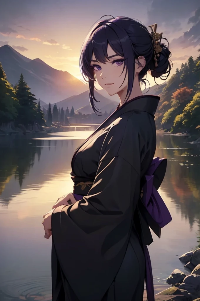 cowboy shot, serious girl, 1girl, kimono , covering body ,long black hair, hime cut, fringe ((bandaged chest)),(sarashi), black sash, (((hadanugi dousa))),(single bare shoulder), (black and purple short kimono),bare legs, ((high heels)), (standing naturally:1.5), long legs, tall, full body, outdoors, ((bamboo forest)), rock path, (river) , ((sunset landscape))