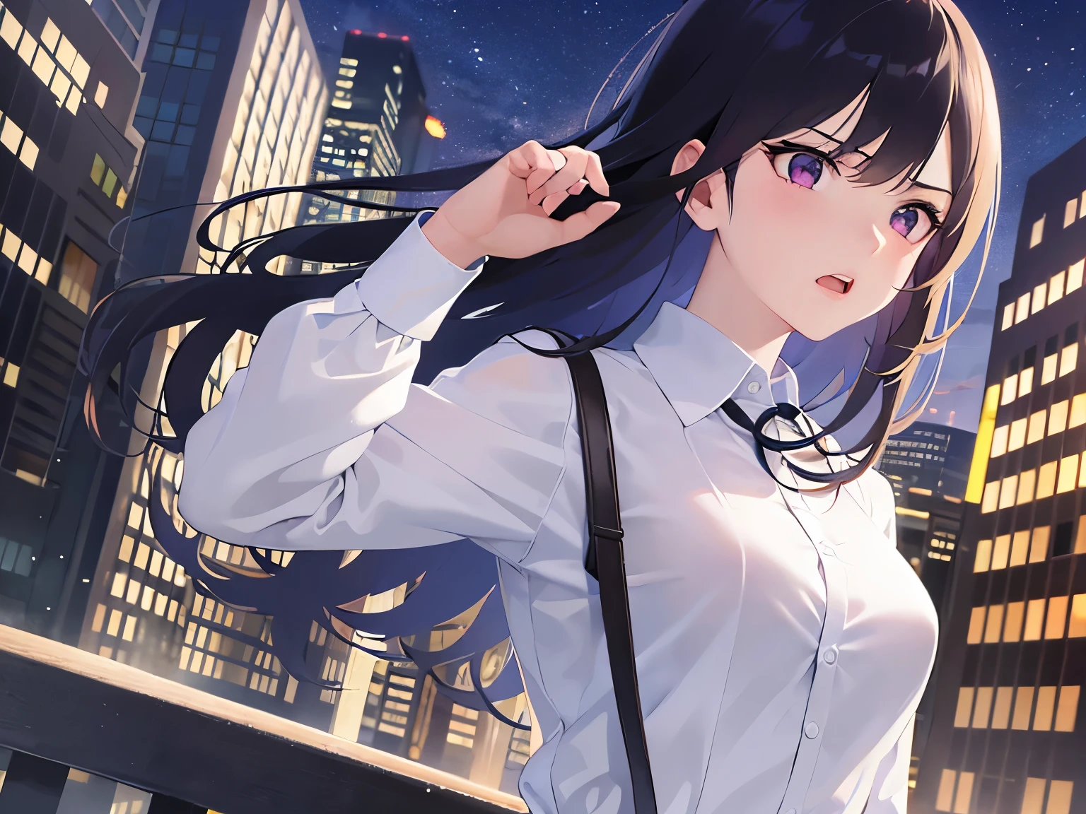 Detailed CG, Ultra-fine illustrations,masterpiece,Highest quality, AW Photos,Realistic,Upper Body,BREAK(White collared long sleeve shirt:1.5)BREAK,(Pale skin:1.2),Glossy skin, shiny hair,(A 26-year-old woman with straight hair and bangs)and(Medium Hair)and(Black Hair)and(Purple eyes),(angry:1.4),(open mouth),side angle,(looking away:1.5),(arm up),(Biologically correct5Finger),The background is a midnight park,Street lamp,Alone