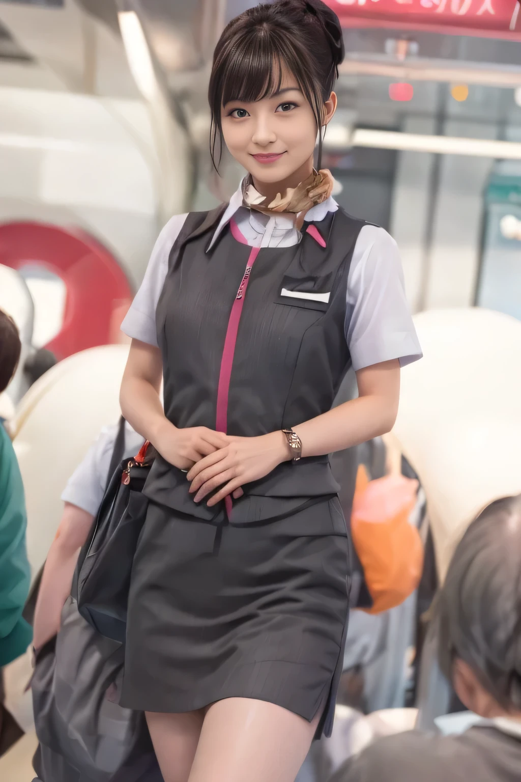 (masterpiece:1.2, Highest quality:1.2), 32k HDR, High resolution, (alone、One girl)、(At the station platform、Professional Lighting)、Empty train station platform background、(Realistic style of JR Gran Class crew uniform)、Short sleeve blouse、a scarf around the neck、(JR Gran Class flight attendant uniform with pink parts on the skirt sleeves)、(The uniform of a flight attendant in JR Gran Class has a pink line on the front zipper of the vest.)、Dark brown hair、(Chignon、Hair tied up)、Dark brown hair、Long Shot、Big Breasts、((Great hands:2.0)),((Harmonious body proportions:1.5)),((Normal limbs:2.0)),((Normal finger:2.0)),((Delicate eyes:2.0)),((Normal eyes:2.0)))、Big Breasts、Luxury Necklace、smile、Beautiful standing posture,Place your hands around your stomach