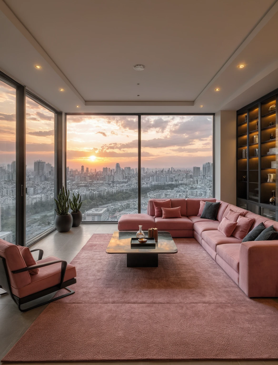 Raw photo,Masterpiece, high quality, best quality, authentic, super detail, interior, livingroom style modern luxury, sunset, evening light, sofa, tea table, carpet, flower vase on tea table, wine bottle, tray, armchair, wine cabinet, books, glass cabinet doors, snake plant pot, downlight, windows overlooking the evening city, ((black and pink tones))