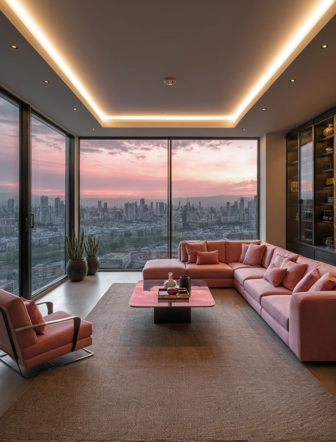 Raw photo,Masterpiece, high quality, best quality, authentic, super detail, interior, livingroom style modern luxury, sunset, evening light, sofa, tea table, carpet, flower vase on tea table, wine bottle, tray, armchair, wine cabinet, books, glass cabinet doors, snake plant pot, downlight, windows overlooking the evening city, ((black and pink tones))