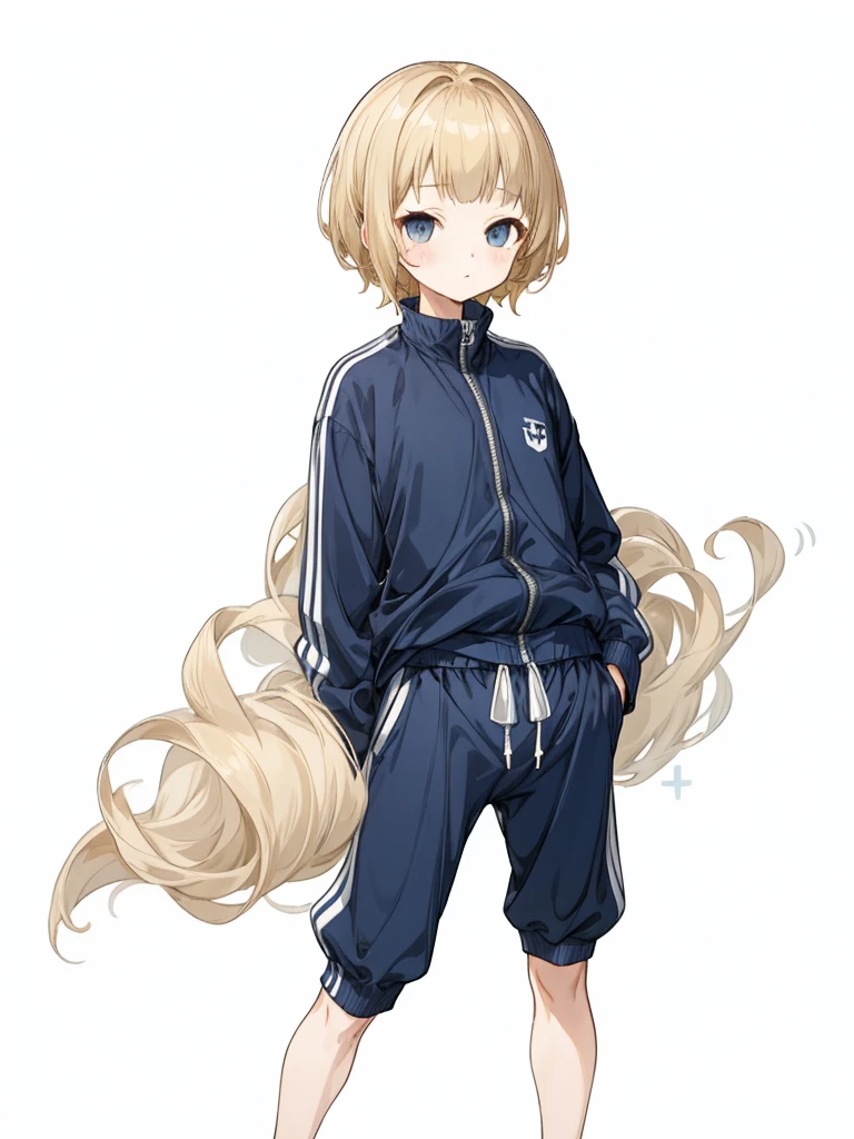 whole body、Navy blue tracksuit、Black shorts、Dynamic Napause、Blonde Hair、Girl's Room、Navy blue tracksuit、Blonde Hair、Shortcuts、Side hair is curled inward、Curly hair along the jawline、Navy blue jersey_White line with thin yellow border from shoulder to wrist、Black shorts、