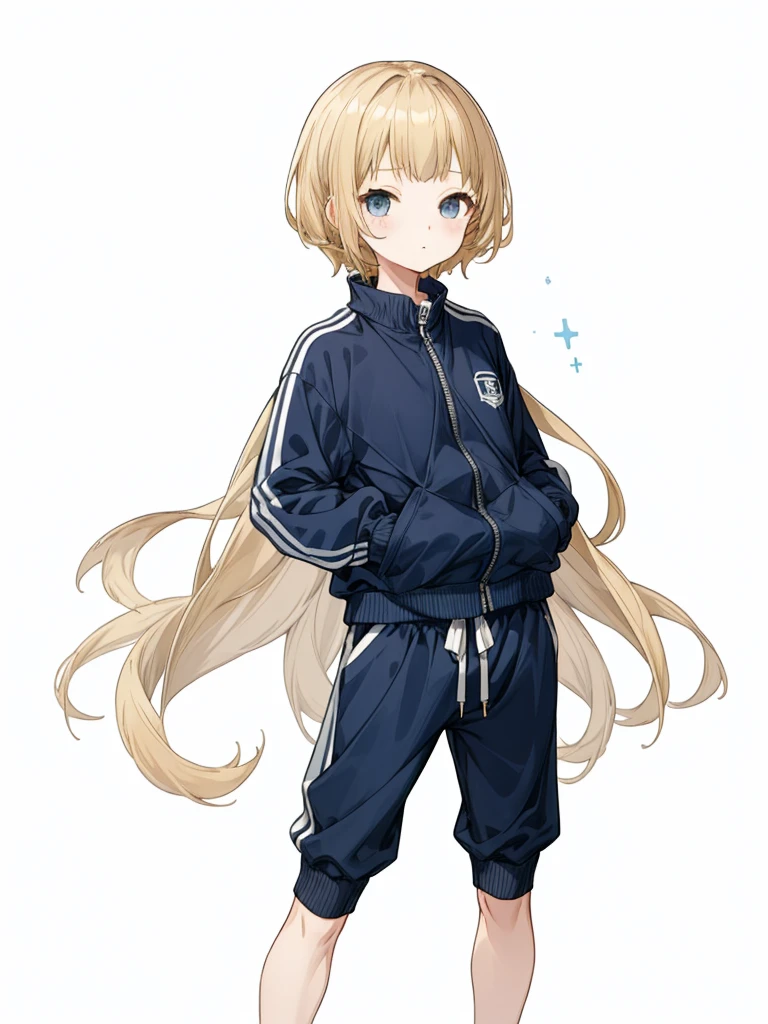 whole body、Navy blue tracksuit、Black shorts、Dynamic Napause、Blonde Hair、Girl's Room、Navy blue tracksuit、Blonde Hair、Shortcuts、Side hair is curled inward、Curly hair along the jawline、Navy blue jersey_White line with thin yellow border from shoulder to wrist、Black shorts、