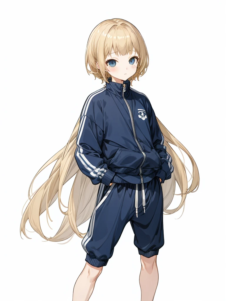 whole body、Navy blue tracksuit、Black shorts、Dynamic Napause、Blonde Hair、Girl's Room、Navy blue tracksuit、Blonde Hair、Shortcuts、Side hair is curled inward、Curly hair along the jawline、Navy blue jersey_White line with thin yellow border from shoulder to wrist、Black shorts、