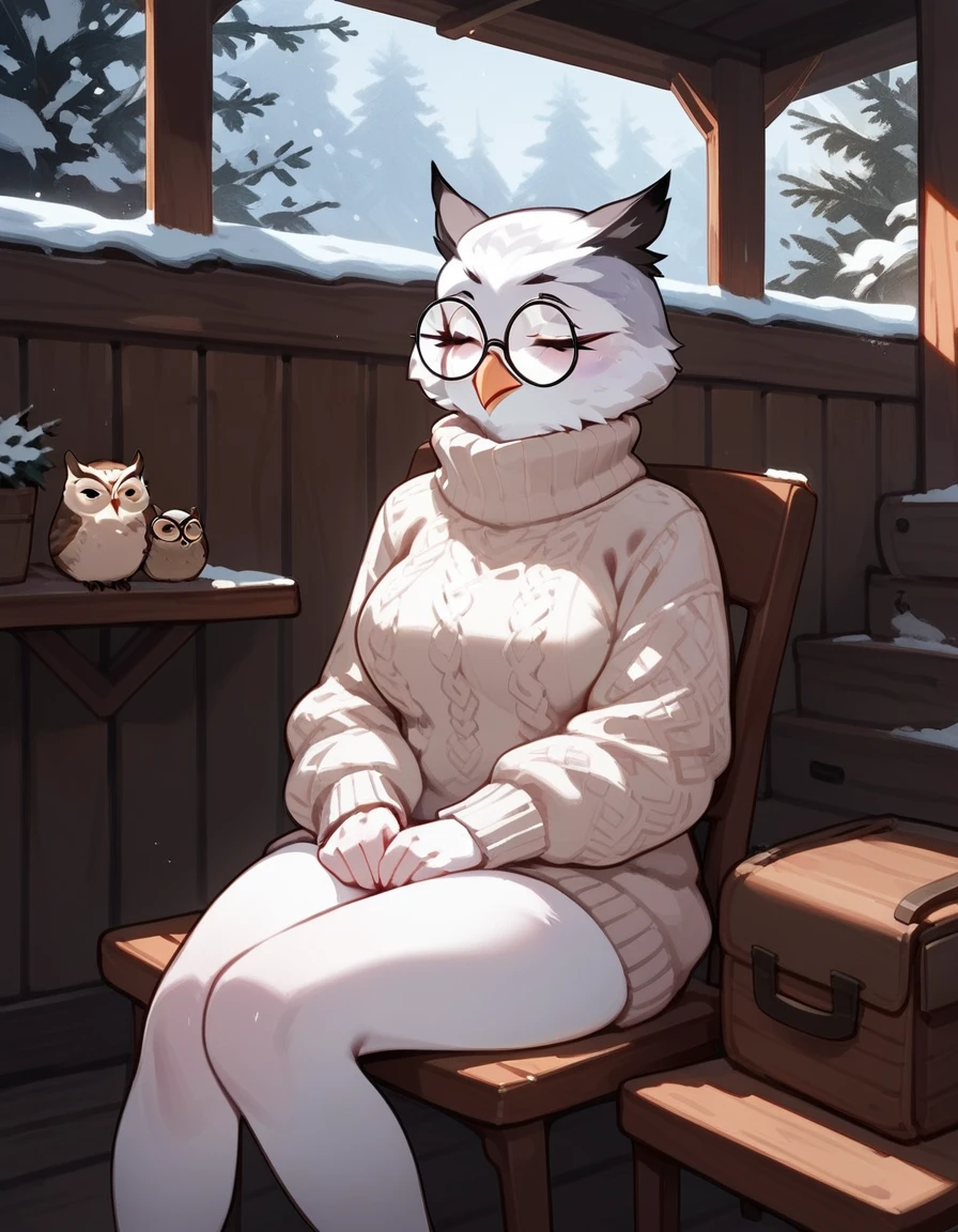 score_9,score_8_up,score_7_up, an Anthro avian snow owl, white and black female snow owl, beak, tall, naked, closed eyes, big round glasses, only wearing wearing black turtle neck sweater, sitting on a cozy chair, in an cabin, 