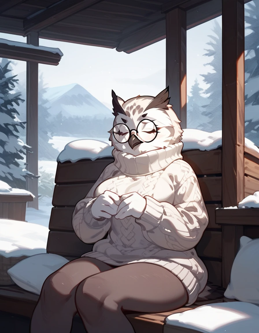 score_9,score_8_up,score_7_up, an Anthro avian snow owl, white and black female snow owl, beak, tall, naked, closed eyes, big round glasses, only wearing wearing black turtle neck sweater, sitting on a cozy chair, in an cabin,