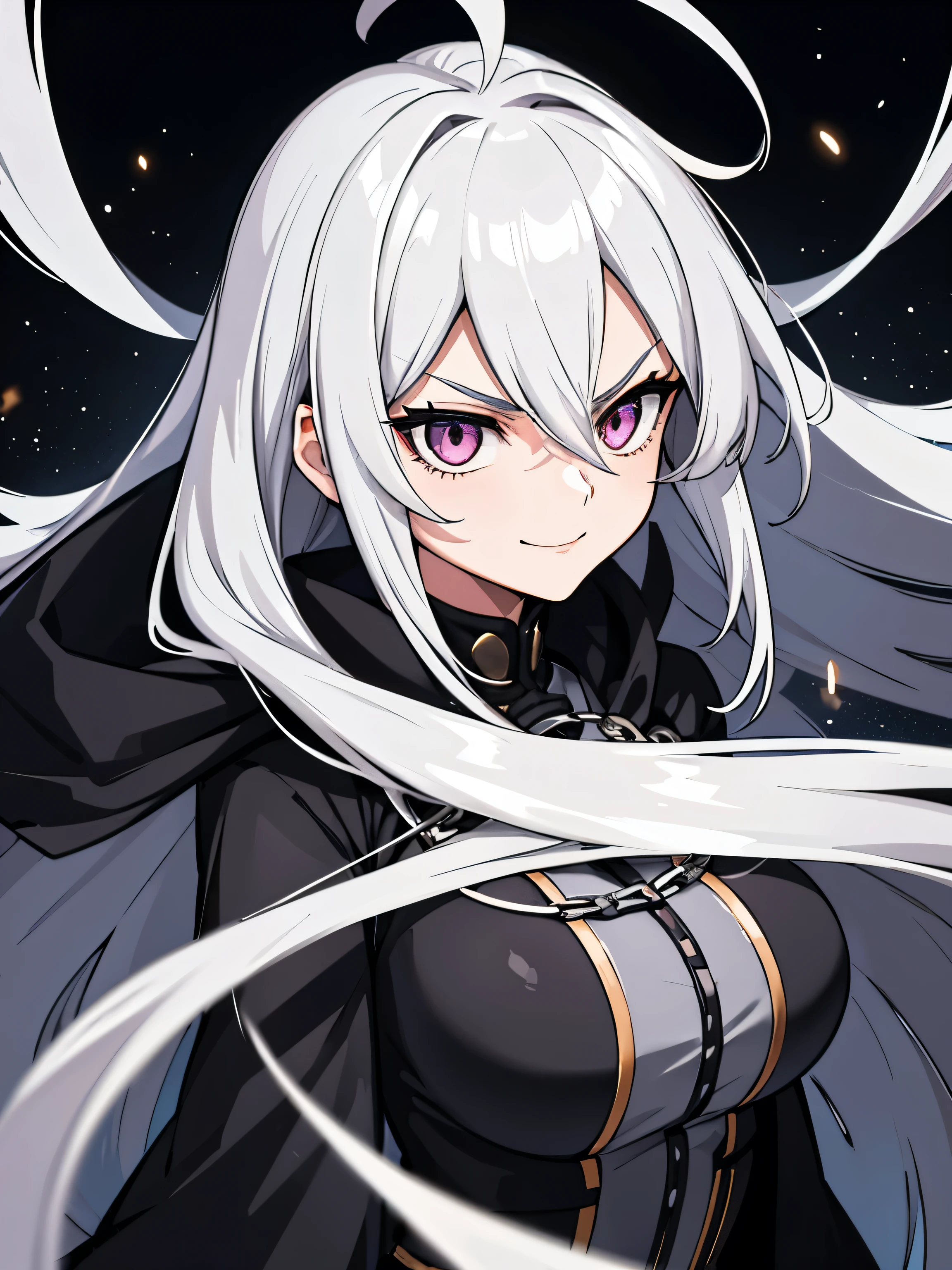 upper body, 1woman, Silver hair, Long Haired, Straight hair, Ahoge, Silver eyes, (Trader), Black Long Cape, Black garb, big breats, wallpaper, Chain background, light particles, (masterpiece), best quality, closed-mouth, serious smile 