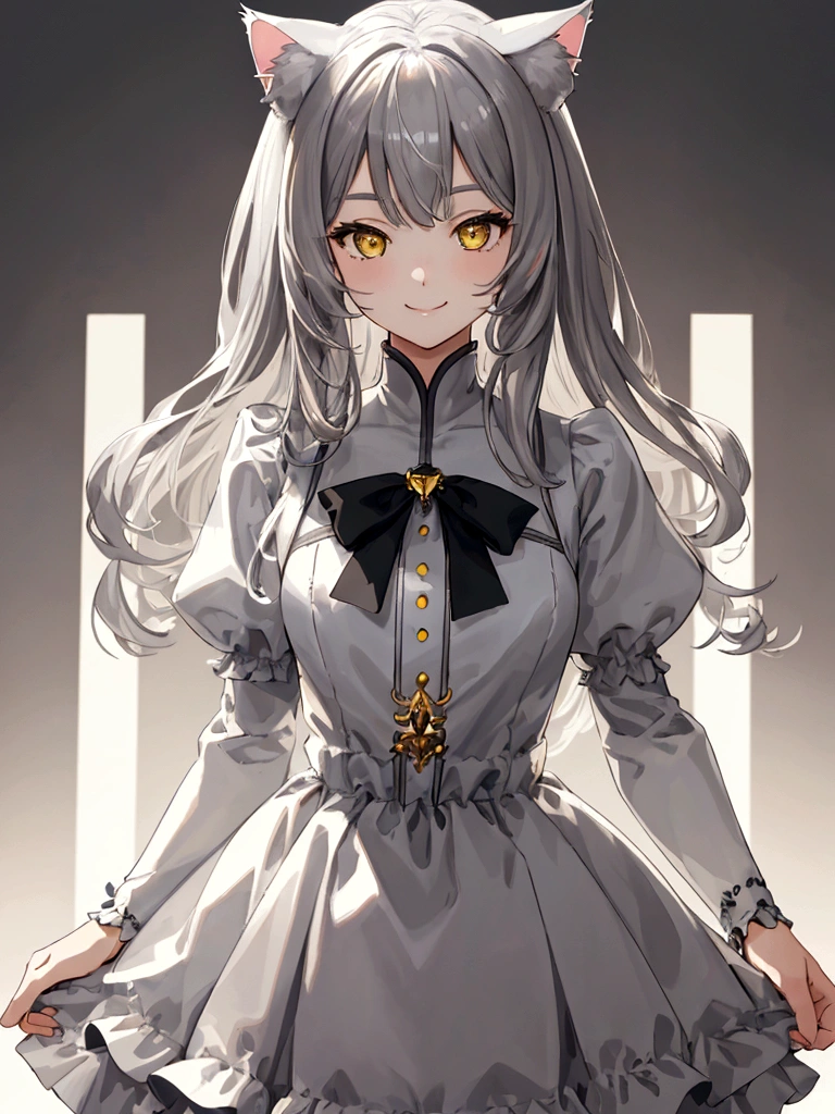 ((masterpiece)), ((best quality)), (from front), (close-up:1.3), (half-body shot:1.36), perfect anatomy, 1girl, solo, cat girl, gray hair, yellow eyes, gray cat ears, gray fluffy cat tail, short-sleeved white dress, standing straight, smiling, lighting from front, looking at viewers