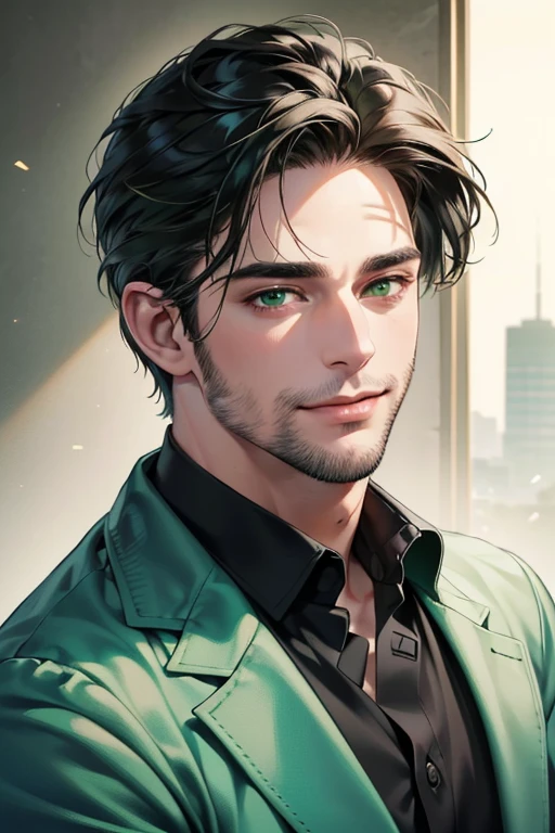 a handsome 35 year old man, 3 day beard, dark hair, sharp jawline, (mesmerizing green eyes), perfectly styled hair, wearing cool anime outfitt, dynamic lighting, (CEO), (expression, smile in love), (best quality,4k,8k,highres,masterpiece:1.2),ultra-detailed,(realistic,photorealistic,photo-realistic:1.37)