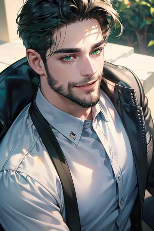 a handsome 35 year old man, 3 day beard, dark hair, sharp jawline, (mesmerizing green eyes), perfectly styled hair, wearing cool anime outfitt, dynamic lighting, (CEO), (expression, smile in love), (best quality,4k,8k,highres,masterpiece:1.2),ultra-detailed,(realistic,photorealistic,photo-realistic:1.37)